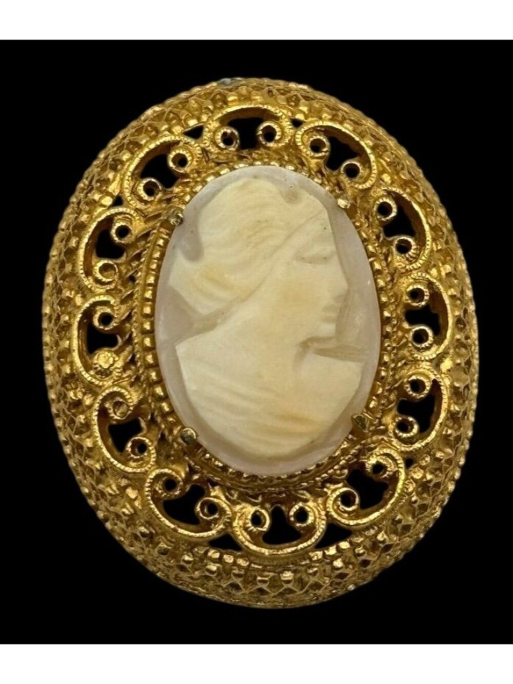 Vintage Florenza Brooch Carved Shell Cameo Pin Gold-Tone Filigree 1-7/8 Inches L